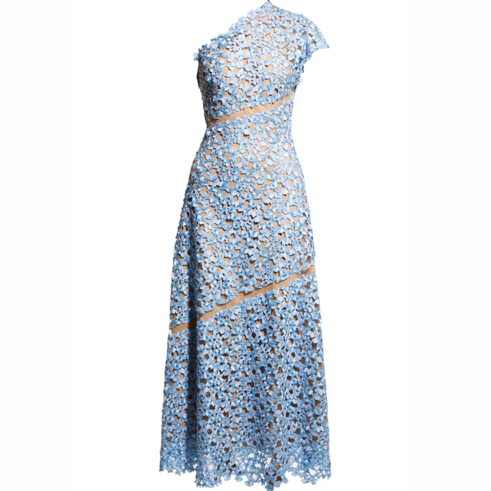 Lela Rose Diagonal Floral Embroidered One-Shoulder Maxi Dress